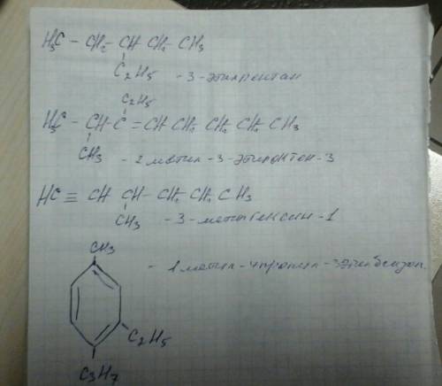 Напишите структурные формулы 3-этилпентана, 2-метил-3-этил-октена-3, 3-метилгексина-1, 1-метил-4-про