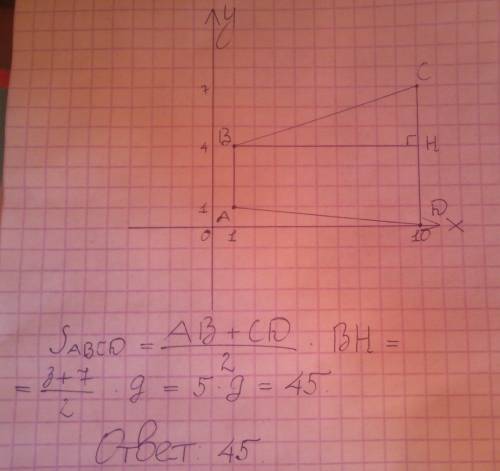 Найдите площадь трапеции,вершины которой имеют координаты (1; 1), (1; 4), (10; 0) и (10; 7)