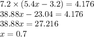 7.2 \times (5.4x - 3.2) = 4.176 \\ 38.88x - 23.04 = 4.176 \\ 38.88x = 27.216 \\ x = 0.7