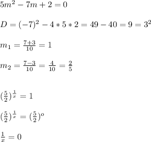 5 m^{2}-7m + 2 = 0\\\\D=(- 7) ^{2} -4*5*2=49-40=9= 3^{2} \\\\ m_{1}= \frac{7+3}{10} =1\\\\ m_{2}= \frac{7-3}{10} = \frac{4}{10} = \frac{2}{5}\\\\\\( \frac{5}{2}) ^{ \frac{1}{x} } =1\\\\( \frac{5}{2}) ^{ \frac{1}{x} }=( \frac{5}{2}) ^{o} \\\\ \frac{1}{x} =0