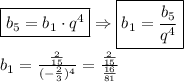 \boxed{b_5 = b_1 \cdot q^{4}} \Rightarrow \boxed{b_1 = \frac{b_5}{q^4} } \\ \\ b_1 = \frac{ \frac{2}{15} }{(- \frac{2}{3})^4 } = \frac{ \frac{2}{15} }{\frac{16}{81} }