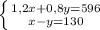 \left \{ {{1,2x + 0,8y = 596} \atop {x - y = 130}} \right.