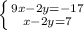 \left \{ {{9x-2y=-17} \atop {x-2y=7}} \right.