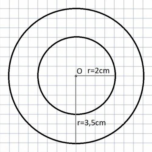 Начерти две окружности с центром в точке o так,чтобы радиус одной окружности был 35мм ,а радиус друг