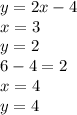 y = 2x - 4 \\ x = 3 \\ y = 2 \\ 6 - 4 = 2 \\ x = 4 \\ y = 4