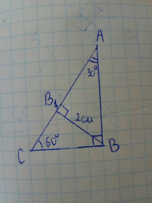 20 . в треугольнике авс угол с=60 градусом, угол в=90 градусам. высота вв1=2 см. найдите ав.