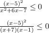 \frac{(x - 5) ^{2} }{ x^{2} +6x-7} \leq 0\\\\ \frac{(x-5) ^{2} }{(x+7)(x-1)} \leq 0