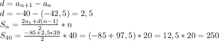 d=a_{n+1}-a_n \\ d=-40-(-42,5)=2,5 \\ S_n=\frac{2a_1+d(n-1)}{2}*n \\ S_{40}=\frac{-85+2,5*39}{2}*40=(-85+97,5)*20=12,5*20=250