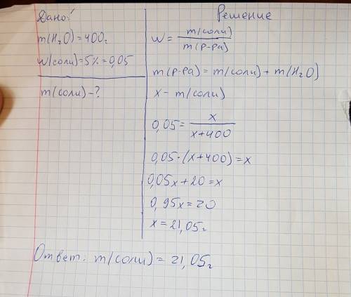 Mh20=400 грамм массовая доля соли 5 процентов найдите массу соли