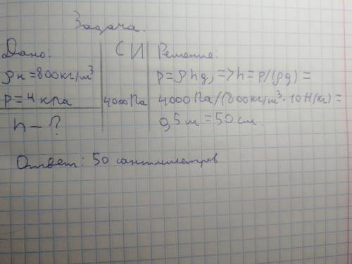 На какую высоту надо налить в сосуд керосин чтобы он оказывал давление на дно cтакана 4кпа