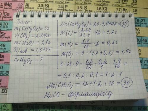 При сжигании 3 г газообразного органического вещества получено 2.24 л (н.у) углекислого газа и 1.8 г