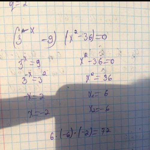 Найдите произведения корней уравнения (3^-x -9)(x^2 -36)=0