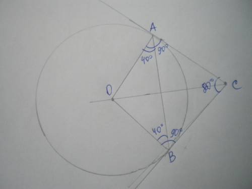 Две прямые касаются окружности с центром о в точках а и в и пересекаются в точке с. найдите угол меж