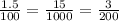 \frac{1.5}{100}= \frac{15}{1000}= \frac{3}{200}