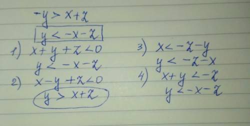 Kакое из следующих неравенств не следует из неравенства -y> x+z? 1) x+y+z< 0 2) x-y+z< 0 3)