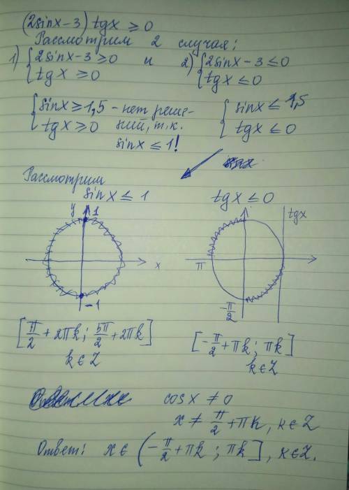 Решите неравенство (распишите решение) (2 sin x - 3) tg x > = 0 ответ должен быть (- п/2 + пn; пn