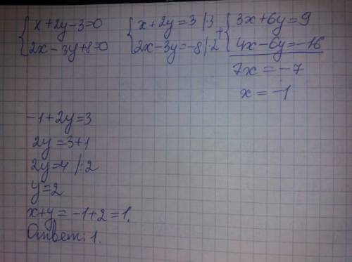 ﻿﻿пара чисел ху является решением системы х+2у-3=0 2х-3у+8=0 чему равна сумма х+ у.