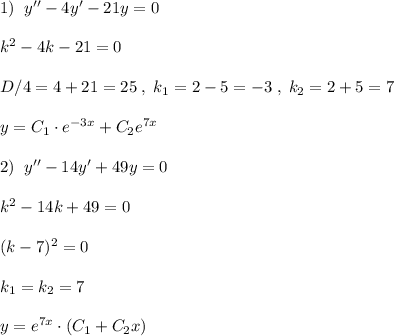 1)\; \; y''-4y'-21y=0\\\\k^2-4k-21=0\\\\D/4=4+21=25\; ,\; k_1=2-5=-3\; ,\; k_2=2+5=7\\\\y=C_1\cdot e^{-3x}+C_2\cdor e^{7x}\\\\2)\; \; y''-14y'+49y=0\\\\k^2-14k+49=0\\\\(k-7)^2=0\\\\k_1=k_2=7\\\\y=e^{7x}\cdot (C_1+C_2x)