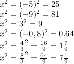 x^{2} = (-5)^{2}=25 \\ &#10; x^{2} = (-9)^{2}=81 \\ &#10; x^{2} = 3^{2} =9 \\ &#10; x^{2} = (-0,8)^{2}=0.64 \\ &#10; x^{2} = \frac{4}{3}^{2}= \frac{16}{9}=1 \frac{7}{9} \\ &#10; x^{2} = \frac{8}{3}^{2}= \frac{64}{9}=7 \frac{1}{9} &#10;