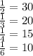 \frac{1}{2 } = 30 \\ \frac{1}{3} = 20 \\ \frac{1}{4} = 15 \\ \frac{1}{6} = 10