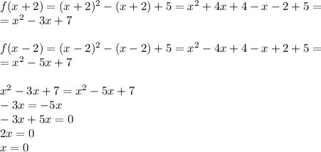 f(x+2)=(x+2)^2-(x+2)+5 = x^2+4x+4-x-2+5 = \\ = x^2-3x+7 \\ \\ f(x-2)=(x-2)^2-(x-2)+5=x^2-4x+4-x+2+5 = \\ = x^2-5x+7 \\ \\ x^2-3x+7=x^2-5x+7 \\ -3x=-5x \\ -3x+5x=0 \\ 2x=0 \\ x = 0