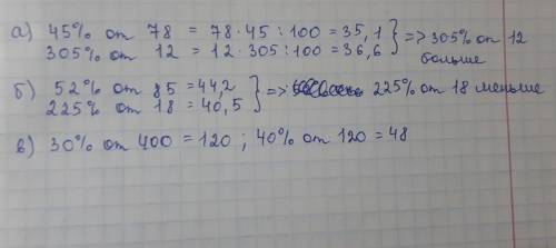 А) что больше: 45 процентов от 78 или 305 процентов от 12? б) что меньше: 52 процента от 85 или 225