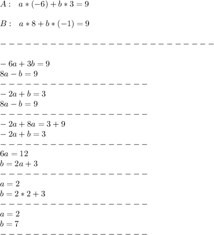 A:\ \ a*(-6)+b*3=9\\\\&#10;B:\ \ a*8+b*(-1)=9\\\\&#10;--------------------------\\\\&#10;-6a+3b=9\\&#10;8a-b=9\\&#10;------------------\\&#10;-2a+b=3\\&#10;8a-b=9\\&#10;------------------\\&#10;-2a+8a=3+9\\&#10;-2a+b=3\\&#10;------------------\\&#10;6a=12\\&#10;b=2a+3\\&#10;------------------\\&#10;a=2\\&#10;b=2*2+3\\&#10;------------------\\&#10;a=2\\&#10;b=7\\&#10;------------------\\