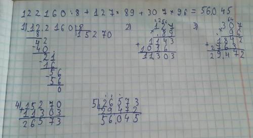 122.160÷8+127×89+307×96=? по действиям. в столбик