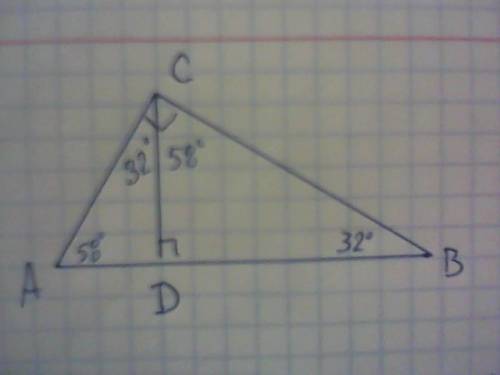 Впрямоугольном треугольнике abc из вершины c прямого угла проведена высота cd, угол acd =32°. найдит