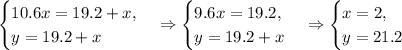 \begin{cases} 10.6x=19.2+x,\\ y=19.2+x \end{cases}\Rightarrow&#10;\begin{cases} 9.6x=19.2,\\ y=19.2+x \end{cases}\Rightarrow&#10;\begin{cases} x=2,\\ y=21.2 \end{cases}