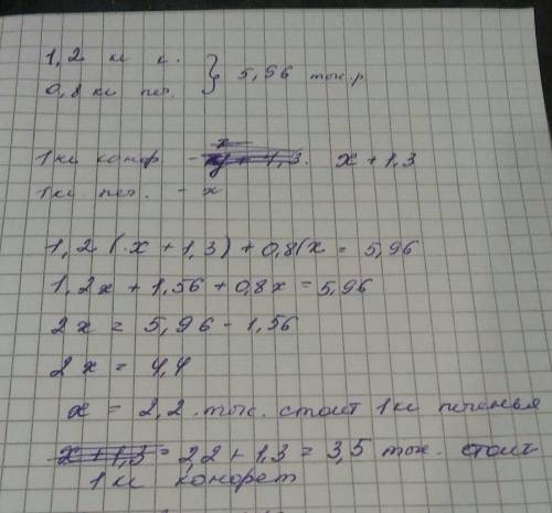 Купили 1,2 кг конфет и 0,8 кг печенья.за всю покупку заплатили 5,96 тыс.рублей.известно,что 1 кг дор