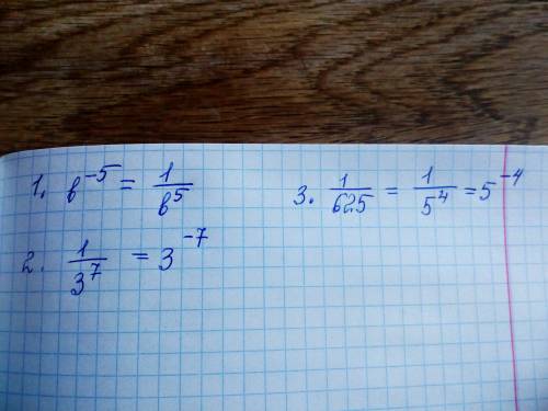1. замените степень с целым отрицательным показателем b^-5 дробью. 2. замените дробь 1/3^7 степенью