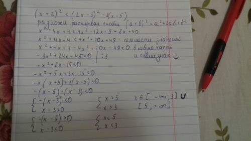 50 за нужна ваша , надо решить неравенство (x+2)^2< (2x-3)^2 - 8(x-5) и объяснить, как именно вы