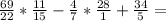 \frac{69}{22}*\frac{11}{15}-\frac{4}{7}*\frac{28}{1} +\frac{34}{5} =