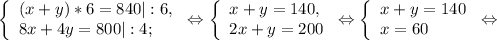 \left \{ \begin{array}{lcl} {({x+y)*6=840|:6,} \\ {8x+4y=800|:4;}} \end{array} \right.\Leftrightarrow\left \{ \begin{array}{lcl} {{x+y=140,} \\ {2x+y=200}} \end{array} \right.\Leftrightarrow\left \{ \begin{array}{lcl} {{x+y=140} \\ {x=60}} \end{array} \right.\Leftrightarrow