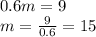 0.6m = 9 \\ m = \frac{9}{0.6} = 15