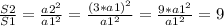 \frac{S2}{S1} = \frac{a2^{2}}{a1^{2}} = \frac{(3*a1)^{2}}{a1^{2}} = \frac{9*a1^{2}}{a1^{2}} = 9