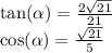 \tan( \alpha ) = \frac{ 2\sqrt{21} }{21} \\ \cos( \alpha ) = \frac{ \sqrt{21} }{5}