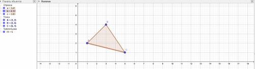 Даны вершины а (1; 2), в (3; 4), с (5; 1) треугольника. построить данный треугольник. найти длины ст