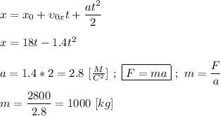 x = x_{0} + \upsilon_{0x}t + \dfrac{at^{2}}{2} \\ \\ x = 18t - 1.4t^{2} \\ \\ a = 1.4 * 2 = 2.8 \ [ \frac{M}{C^{2}}] \ ; \ \boxed{F = ma} \ ; \ m = \dfrac{F}{a} \\ \\ m = \dfrac{2800}{2.8} = 1000 \ [kg]