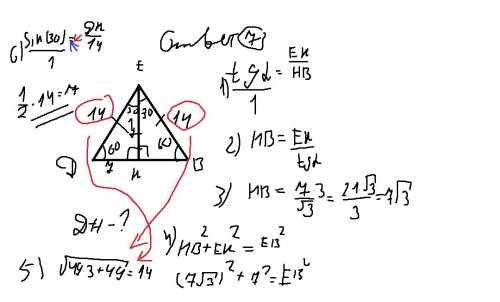 Вравнобедренном треугольнике дев с основанием дв проведена высота ен=7см, угол нев=30°. найти рассто