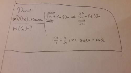 Яка маса міді виділиться при взаємодії 10 моль заліза з (||) сульфатом? дуже потрібно!