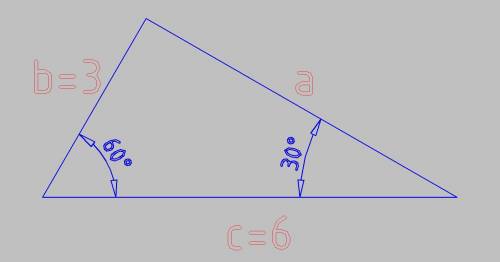 Утреугольника две стороны равны 3м и 6м, а угол между ними равен 600. найдите третью сторону треугол