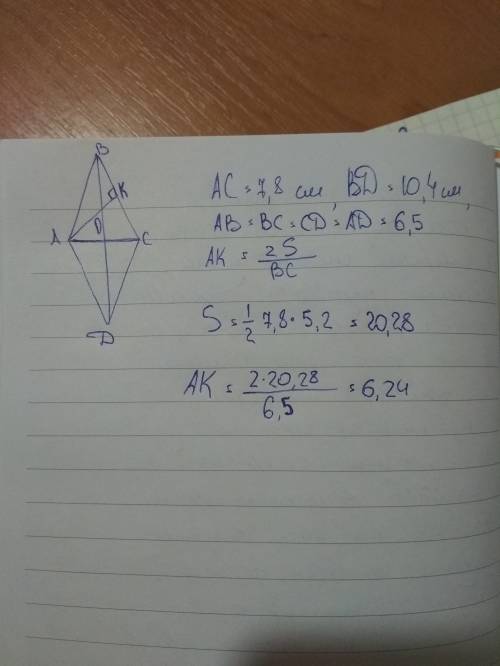 Диагонали ромба равны 7,8 см и 10,4 см а сторона 6,5 см. найди высоту ромба.