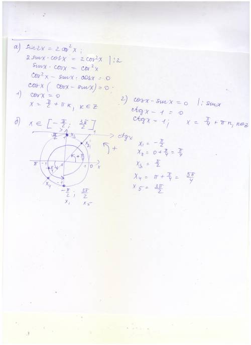 Решите уравнение: sin2x=2cos^2x найдите решение на отрезке [-0,5п; 1,5п]