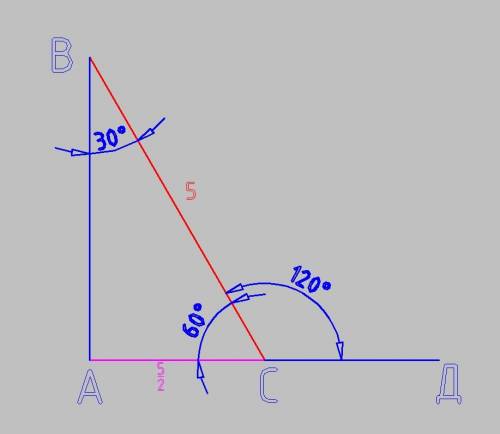 Внешний угол одной из вершин прямоугольного треугольника равен 120 градусов. построить чертеж. найти