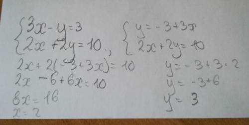 Решите методом подстановки систему уравнений 3х-у=3 2х+2у=10