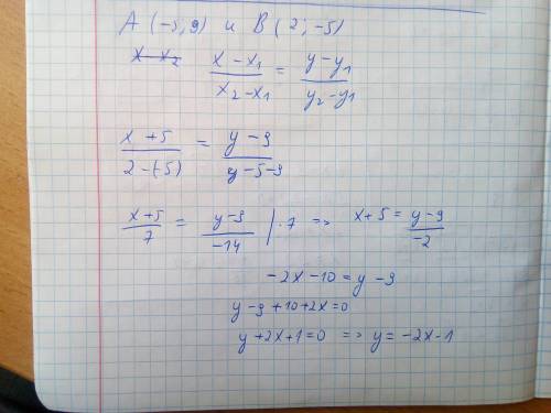 Составьте уравнение прямой проходящей через точки а (-5; 9) и b(2; -5)