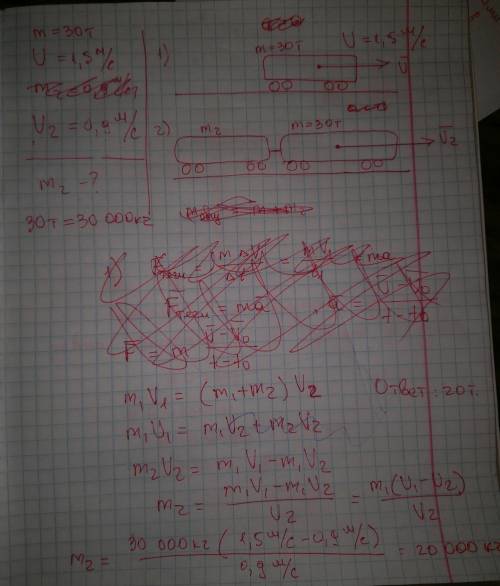 Железнодорожный вагон массой 30т ,движущийся со скоростью 1,5м/с ,сцепляется с неподвижным вагоном.п