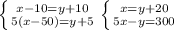 \left \{ {{x-10=y+10} \atop {5(x-50)= y+5}} \right. \left \{ {{x=y+20} \atop {5x-y=300}} \right.